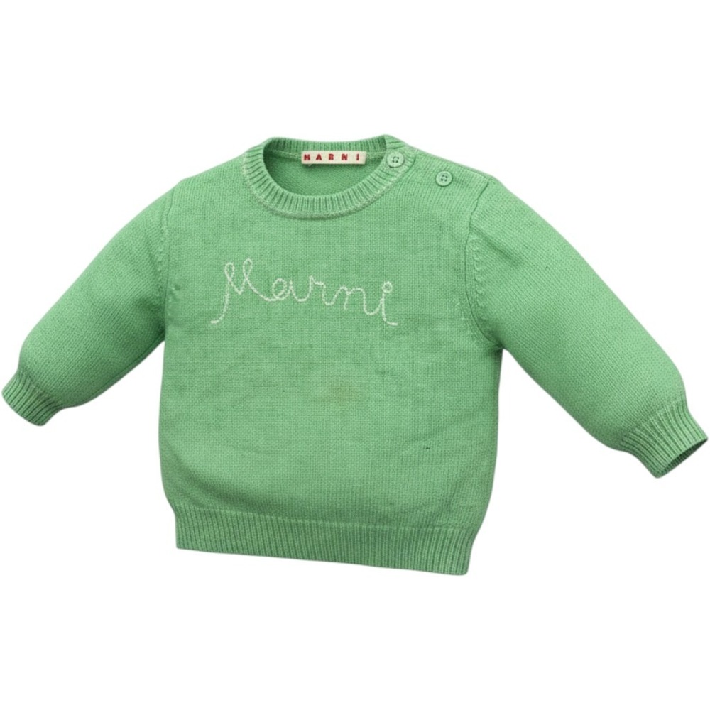 Marni Kids 18M Mint Green Wool Cashmere Sweater Embroidered Cursive Logo Button